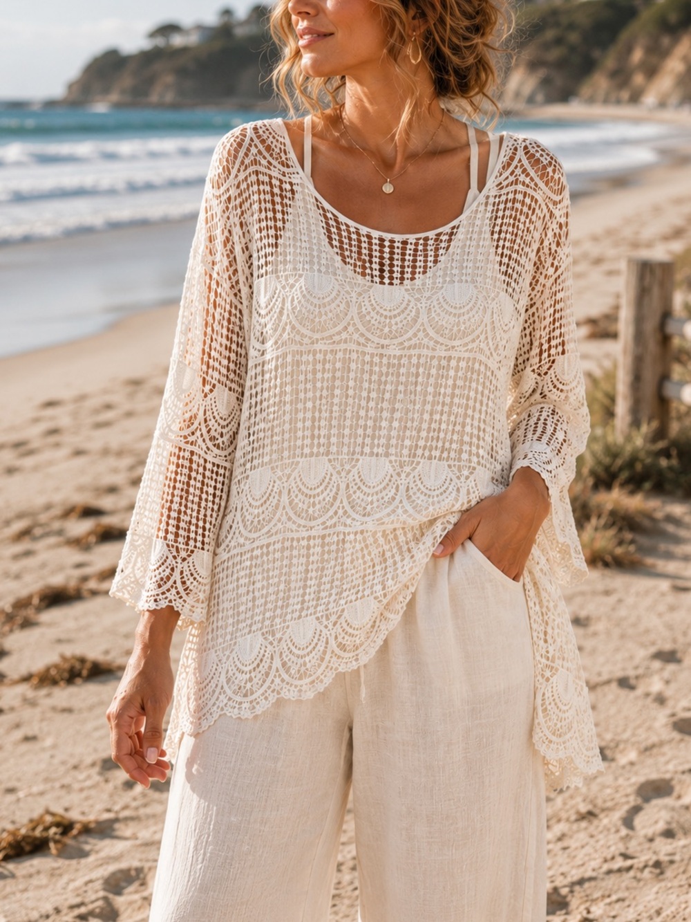 100% Cotton Boho Crochet Lace layer Top, Cream, Medium - Large